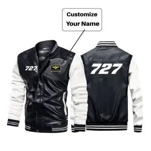 727 Flat Text Designed Stylish Leather Bomber Jackets