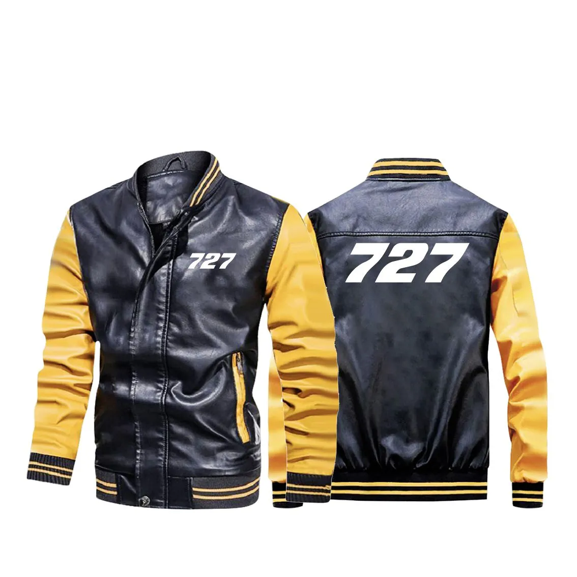 727 Flat Text Designed Stylish Leather Bomber Jackets