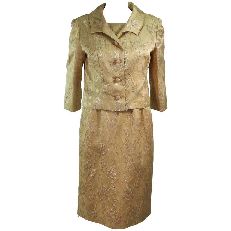 ANDREW ARKON 1960s Yellow Brocade Dress Ensemble Size 4