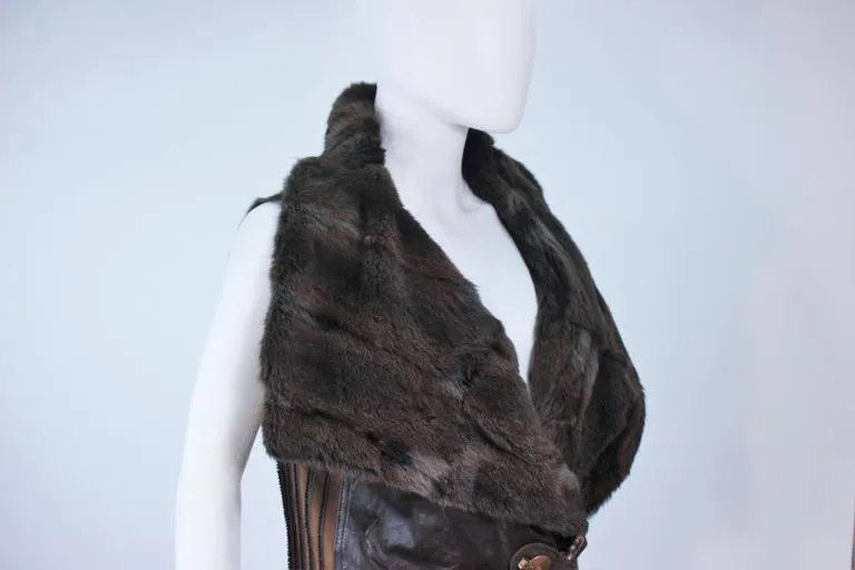 ANNA TRZEBINSKI Brown Leather Drape Collar Fur Vest Size 44