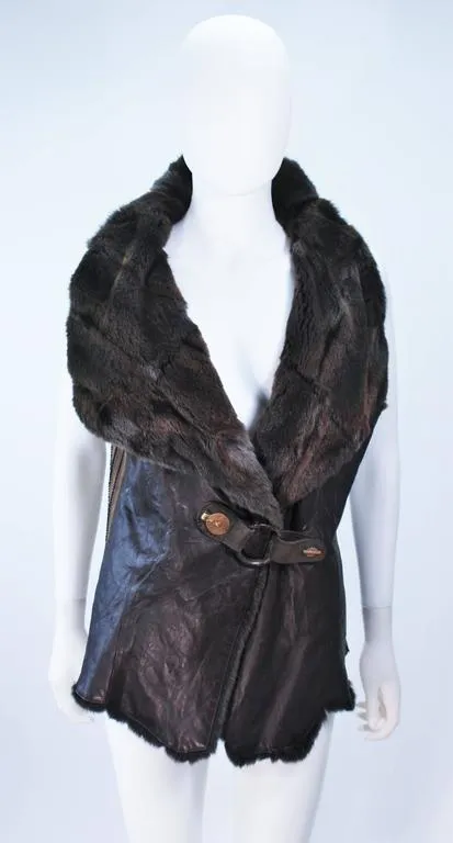 ANNA TRZEBINSKI Brown Leather Drape Collar Fur Vest Size 44