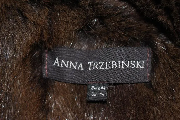 ANNA TRZEBINSKI Brown Leather Drape Collar Fur Vest Size 44