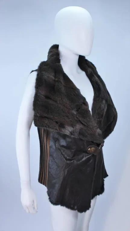 ANNA TRZEBINSKI Brown Leather Drape Collar Fur Vest Size 44