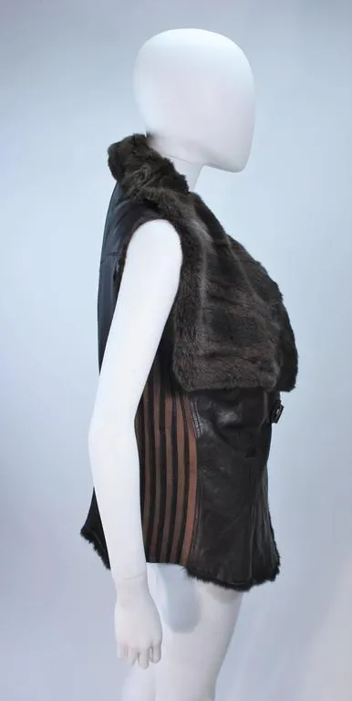 ANNA TRZEBINSKI Brown Leather Drape Collar Fur Vest Size 44