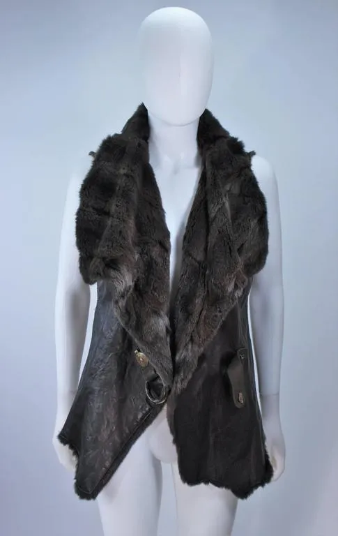 ANNA TRZEBINSKI Brown Leather Drape Collar Fur Vest Size 44