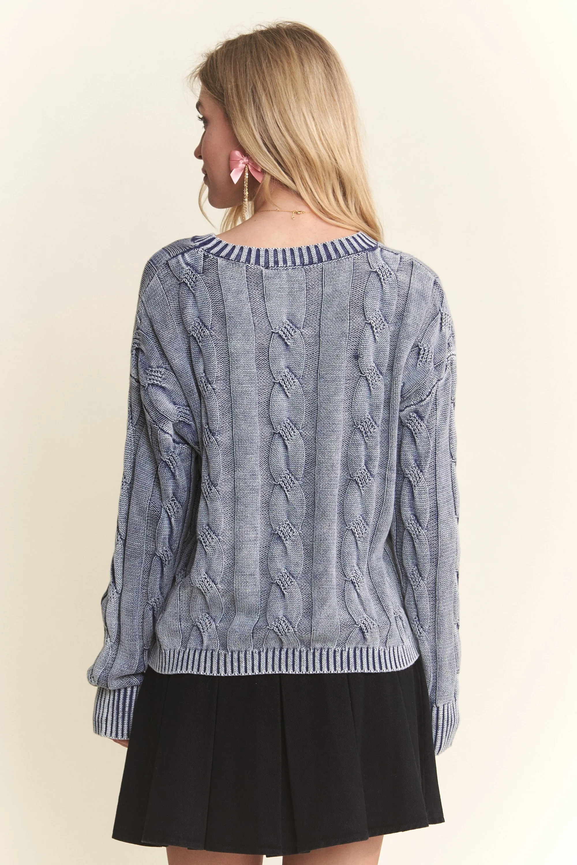 COTTON MINERAL WASH CABLE KNIT SWEATER