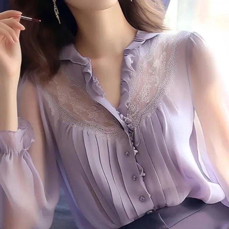 Elegant V-Neck Long Sleeve Chiffon Fashion Blouse