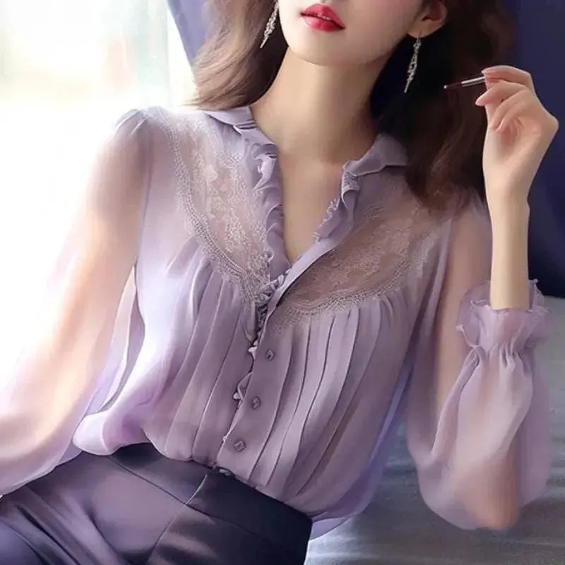 Elegant V-Neck Long Sleeve Chiffon Fashion Blouse