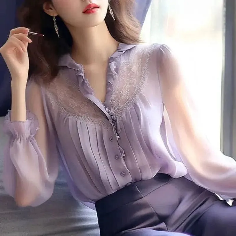 Elegant V-Neck Long Sleeve Chiffon Fashion Blouse