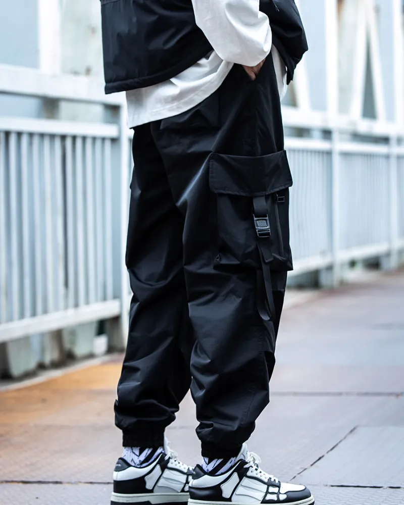 Functional Black Pocket Ribbon Cargo Pants