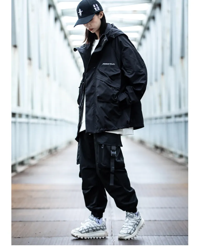 Functional Black Pocket Ribbon Cargo Pants