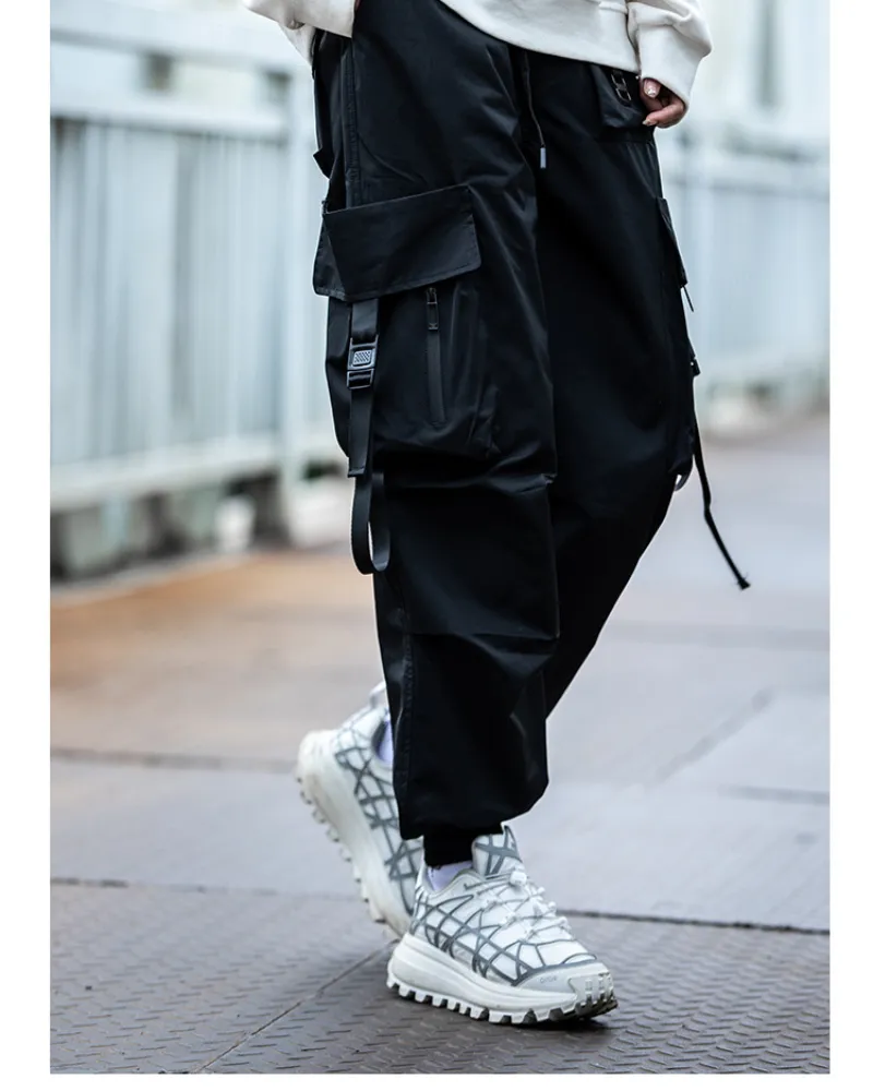 Functional Black Pocket Ribbon Cargo Pants