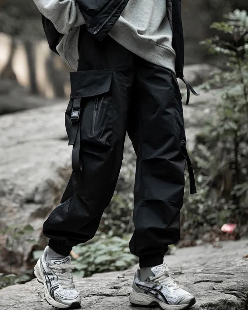 Functional Black Pocket Ribbon Cargo Pants