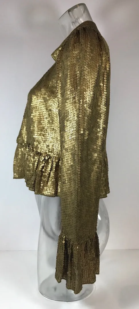 GENERRA 1990s Gold Sequin Jacket with Ruffle Sleeves and Hem Size 6