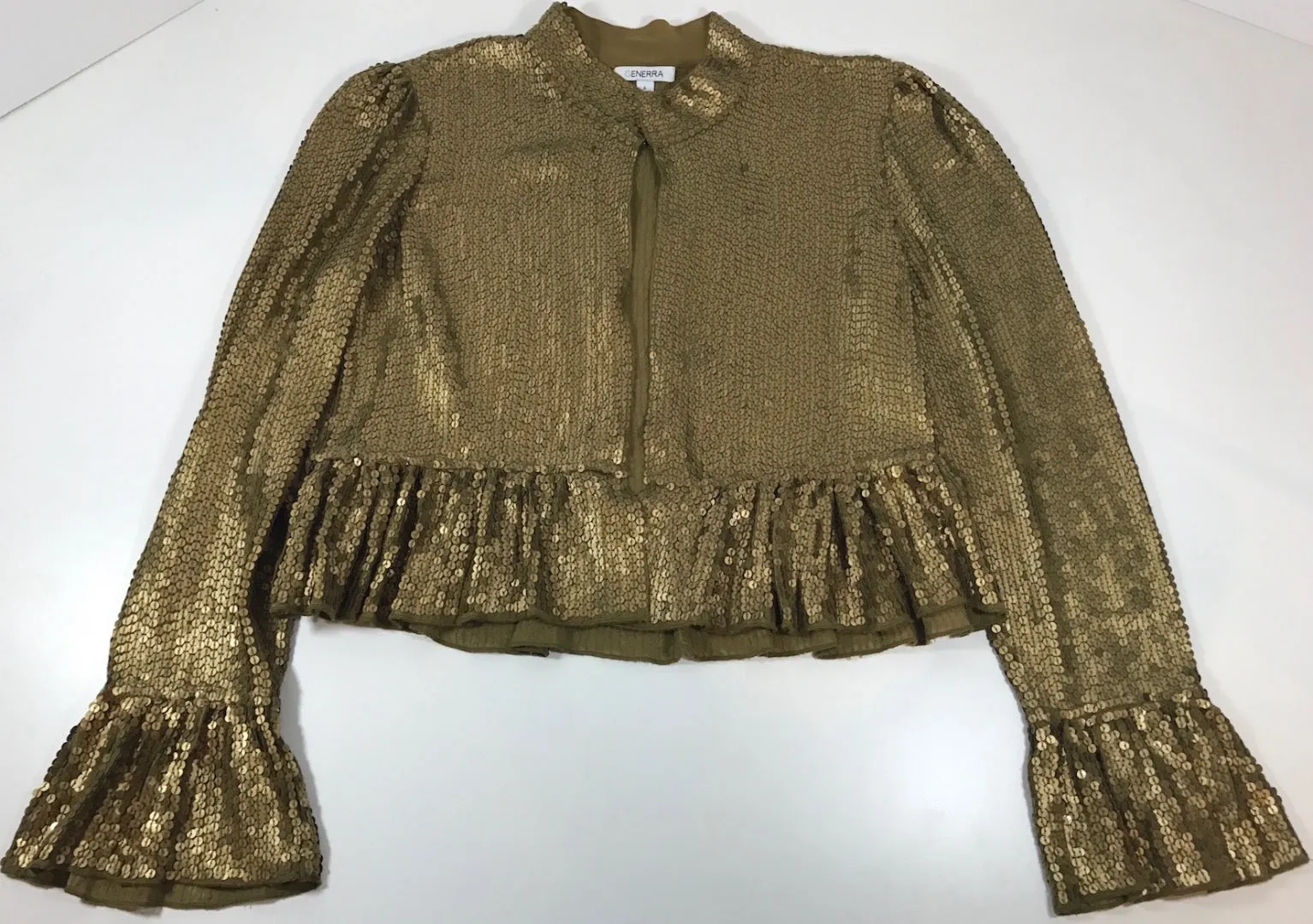 GENERRA 1990s Gold Sequin Jacket with Ruffle Sleeves and Hem Size 6