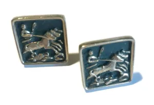 Gladiator and Horses Enameled Black and Gold Cufflinks circa 1960s