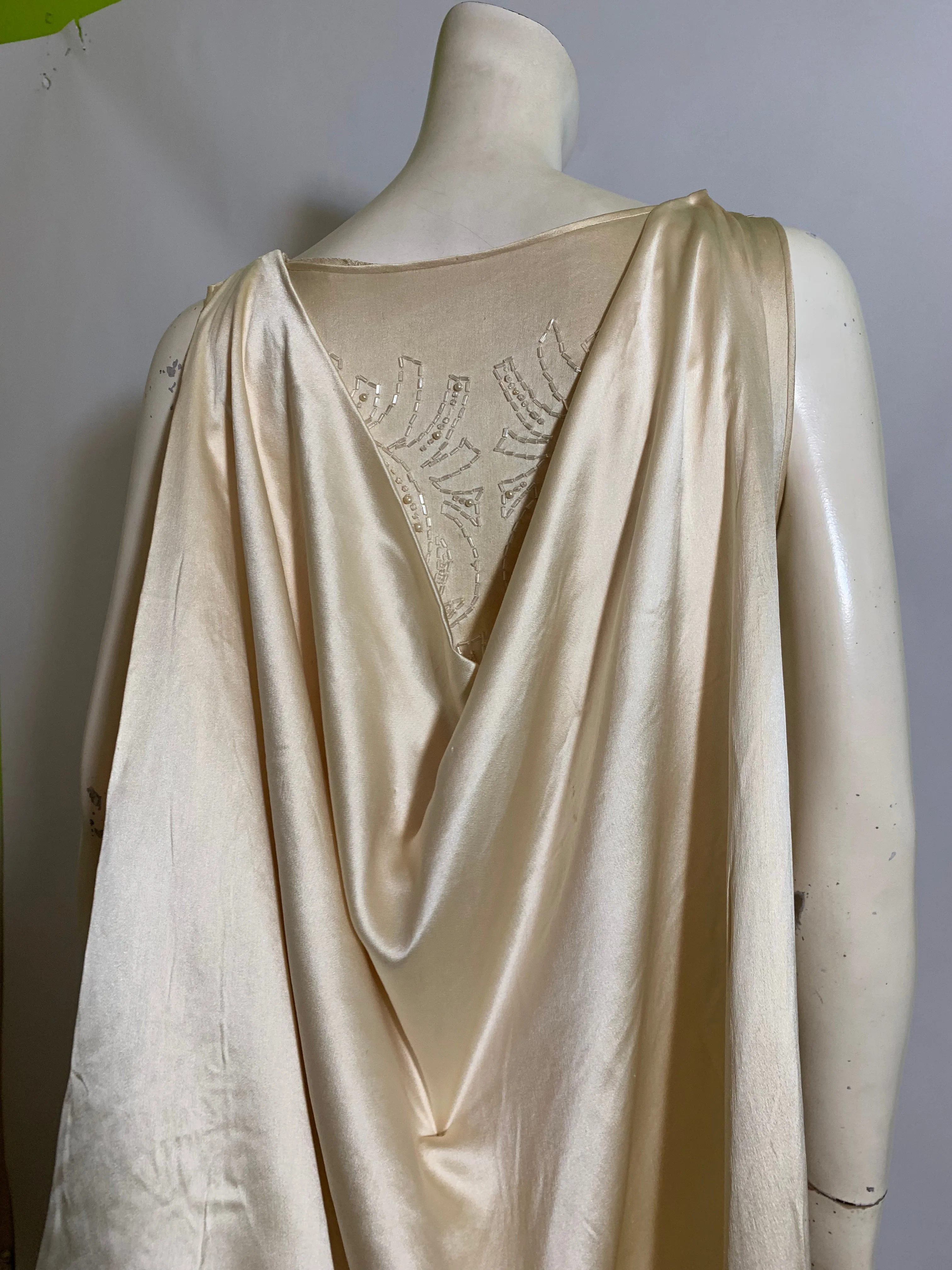 Glamorous Beaded Candlelight Silk Wedding Dress with Court Train, Headpieces, Fan, Shoes and Bible circa 1920s