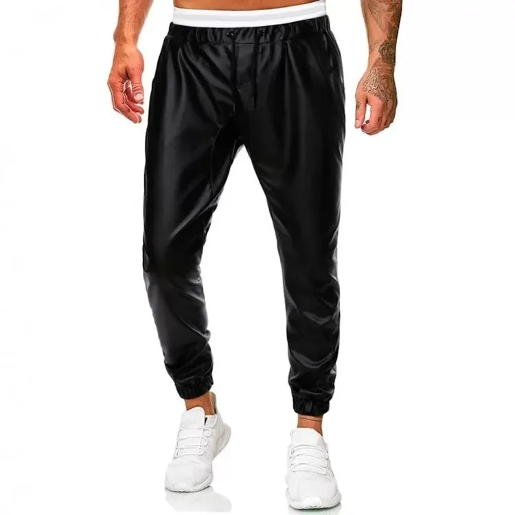 Men Casual Simple Black Leather Hombre Streetwear Joggers Pants