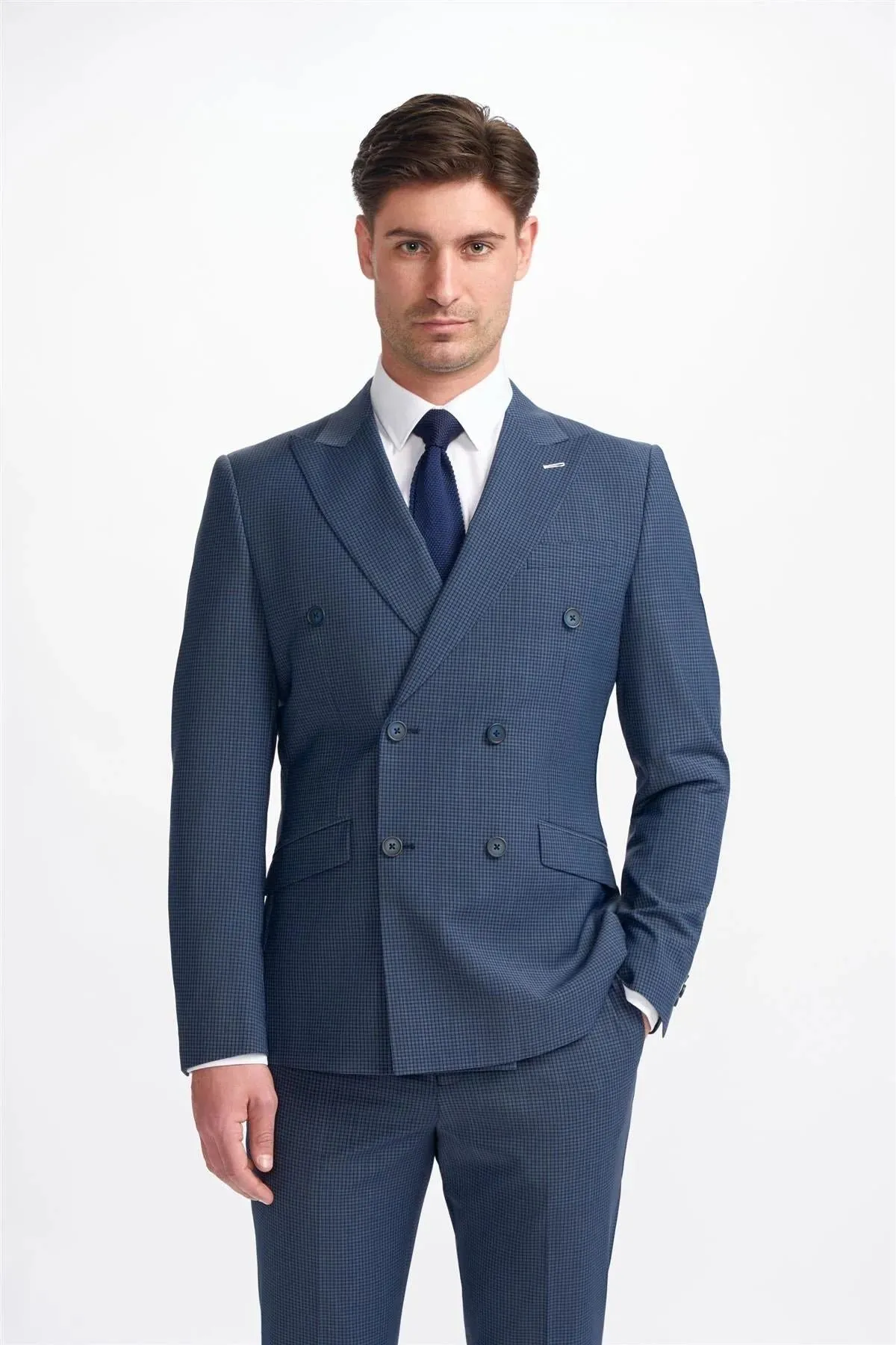 Men's Suit Navy Check 2 Piece Double Breasted Tailored Fit Formal Wedding Dress