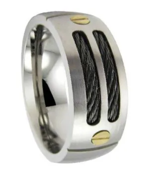 Mens Titanium Black Cable Ring with Satin Finish and 18K Gold Screws| 9mm