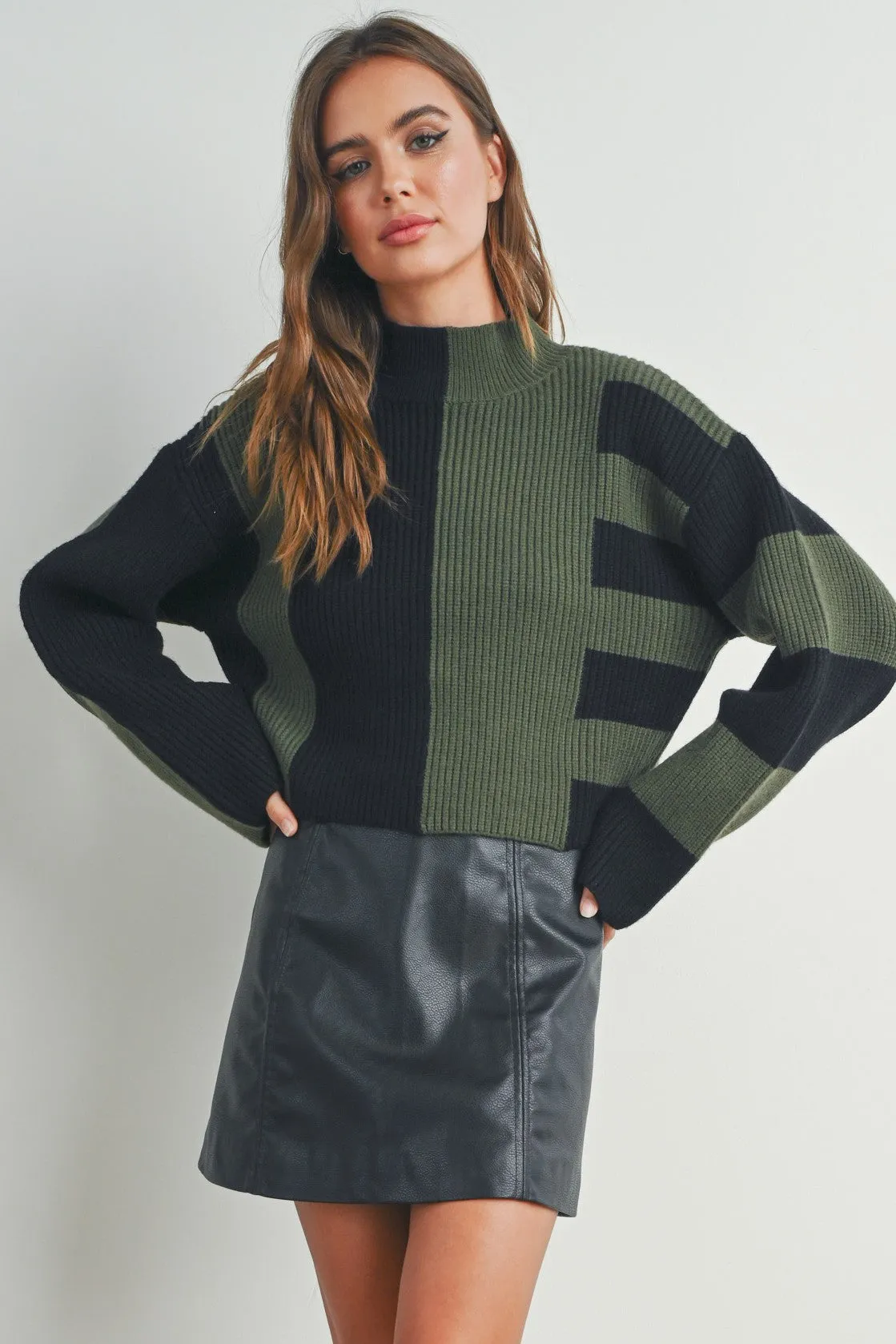 MULTISTRIPED MOCK NECK CROPPED SWEATER