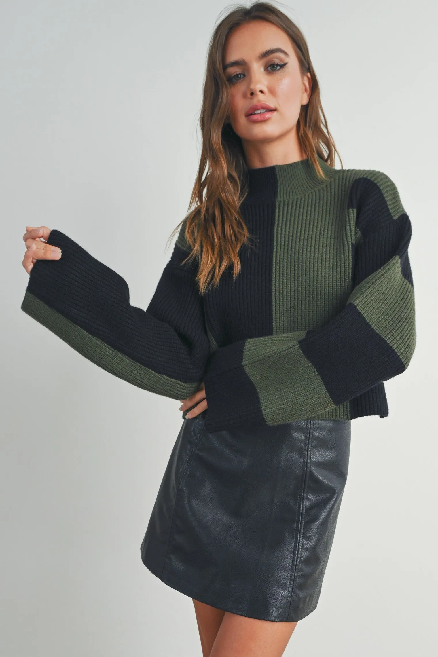 MULTISTRIPED MOCK NECK CROPPED SWEATER