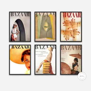 Set Of 6 Vintage Bazaar Covers INSTANT DOWNLOAD Art Prints, Vintage Magazine Cover, Glamour Art, Fashion Wall Art, Beige Wall Art