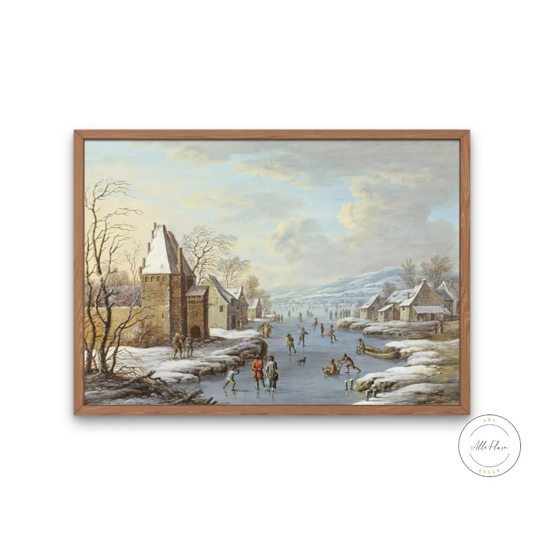 Small Village In Winter Horizontal Wall Art PRINTABLE ART, Winter Scene Wall Art, Antique Christmas, Cozy Prints, Vintage Wall Art