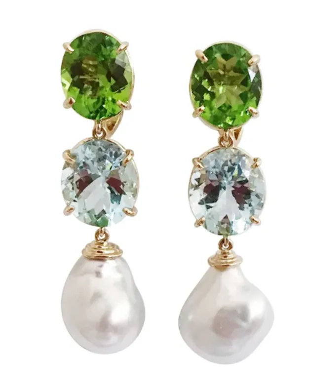 Three-Stone Drop Earring with Peridot Aquamarine South Sea Pearl