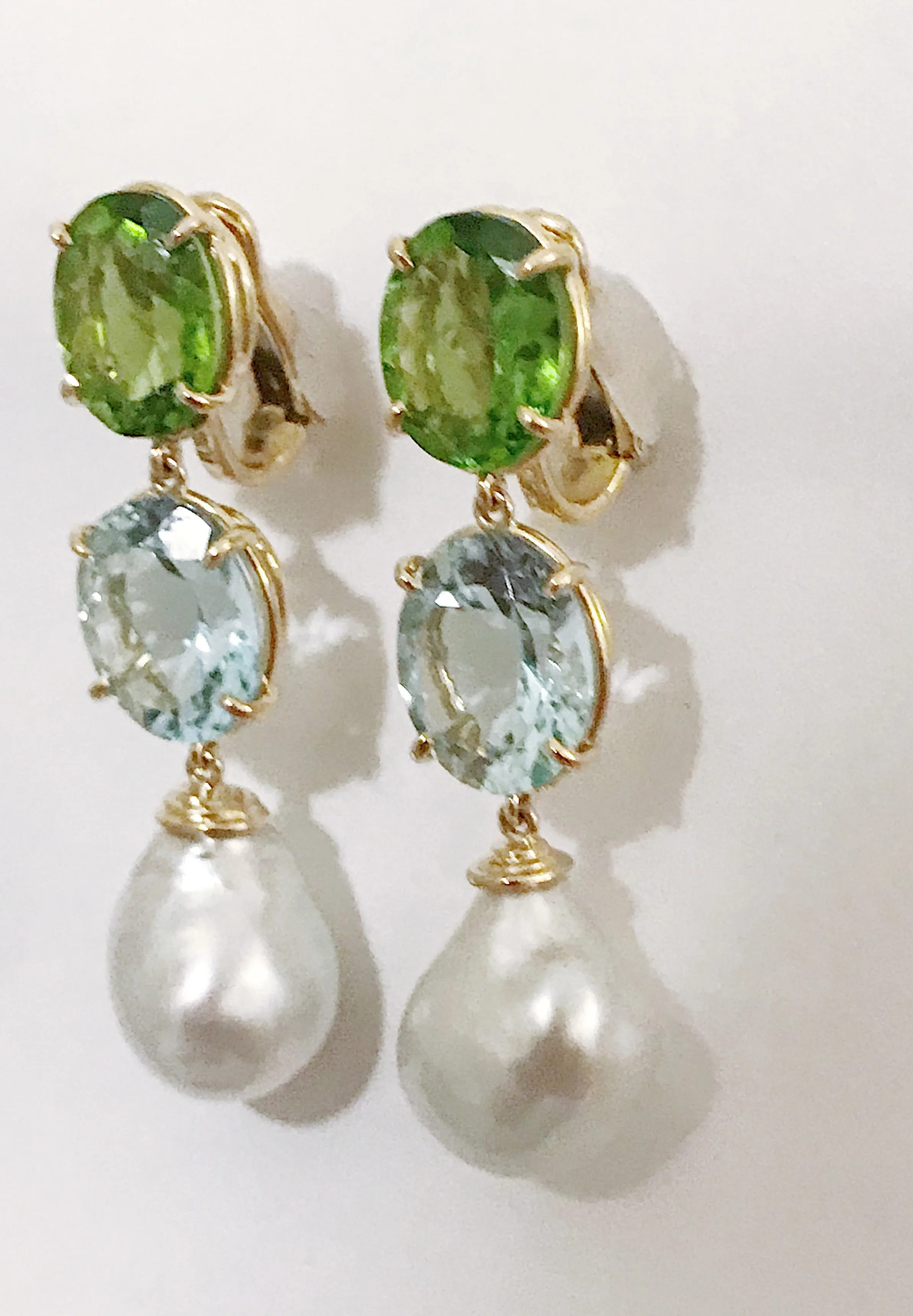 Three-Stone Drop Earring with Peridot Aquamarine South Sea Pearl