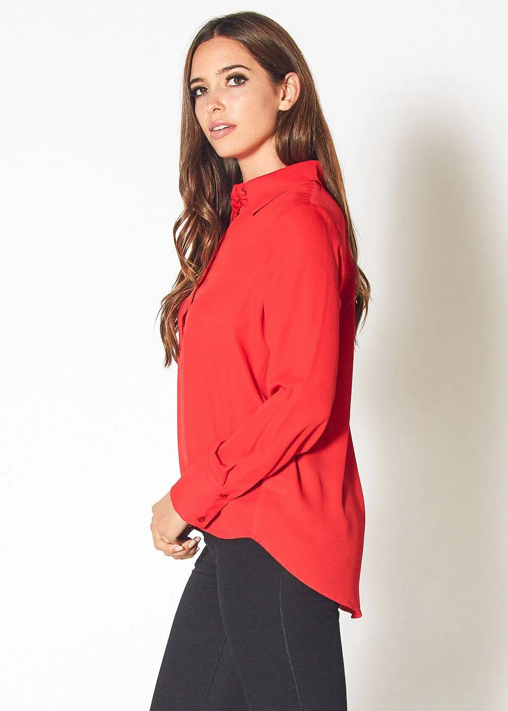 Women's Button Up Basic Everyday Shirt in Bright Red